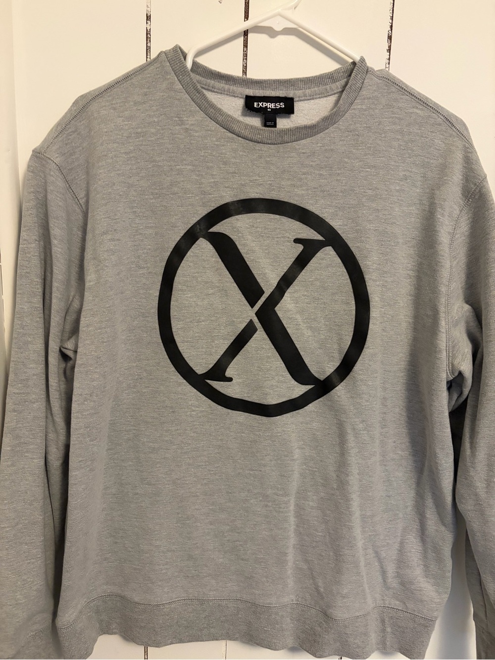 Express Men's Light Gray Crewneck Sweatshirt with Black X Logo